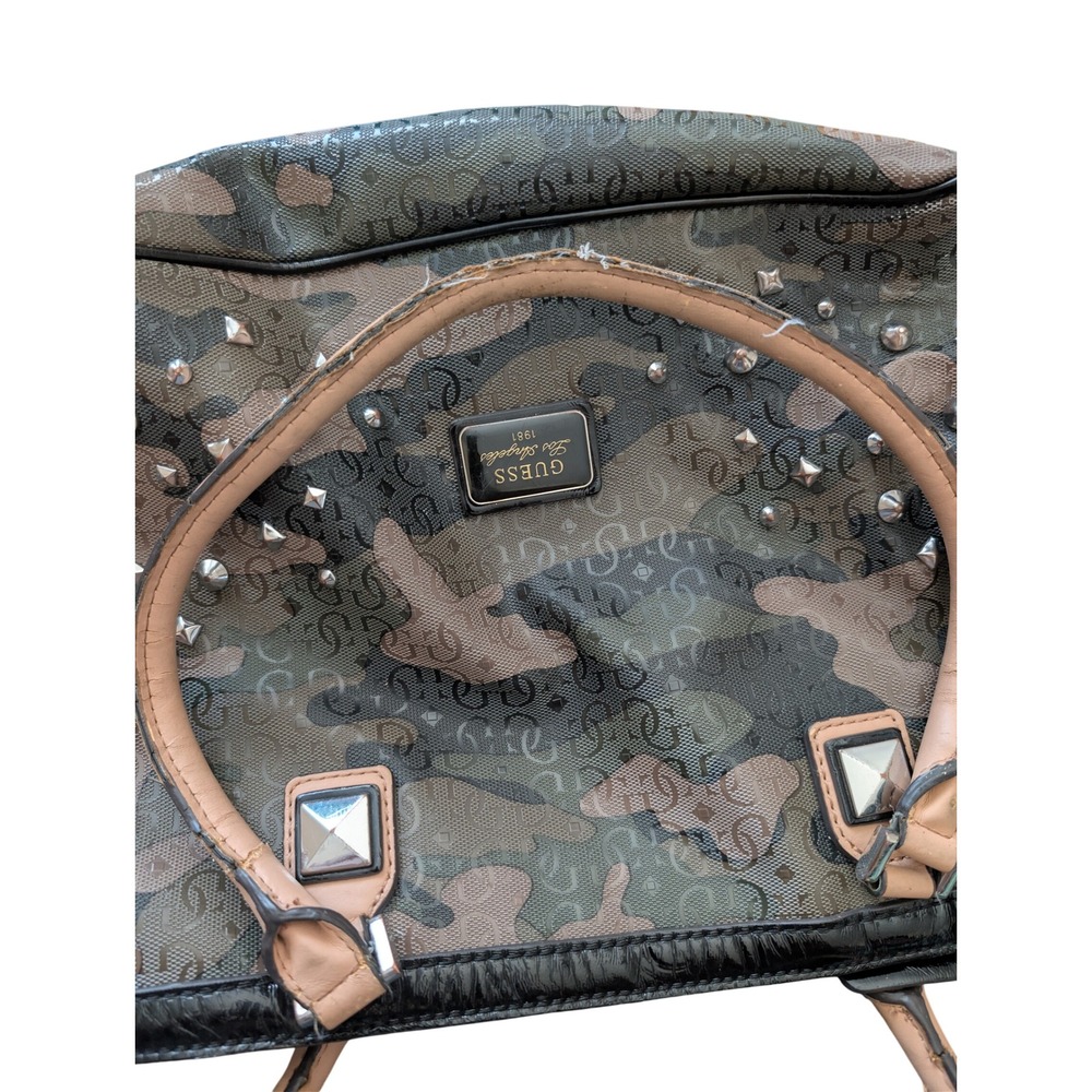 Guess EUC Camo Monogram Studded Tote Bag Green Brown Tan Handbag F4 - Picture 3 of 5